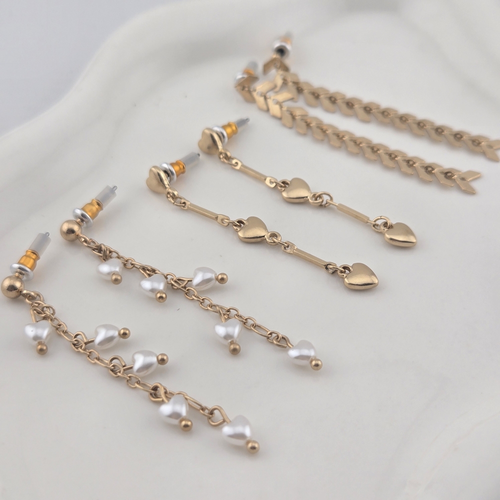 Gold Dangle Earring Set 3 Pairs | Heart Pearl & Arrow Chain Earrings